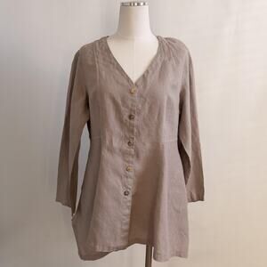 Kleen Tunic Shirt Womens Medium Taupe Button Front V Neck Linen Lagen Pockets